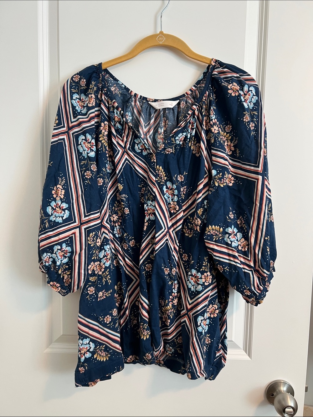 Lauren Conrad Women’s Large Navy Floral Print Peasant Blouse Balloon Sleeve